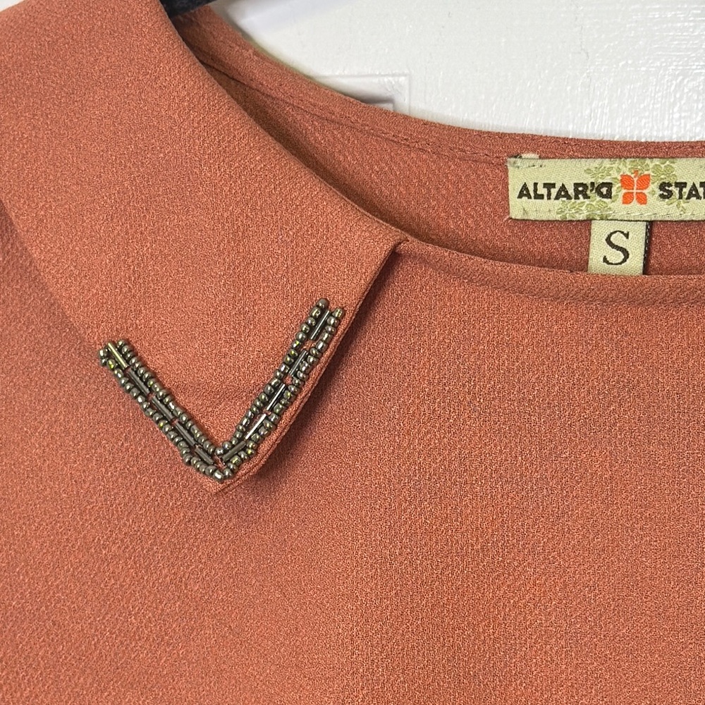 Altar'd State Orange Blouse with Peter Pan Collar and Embellishments PTP 18”-19” - Picture 5 of 10